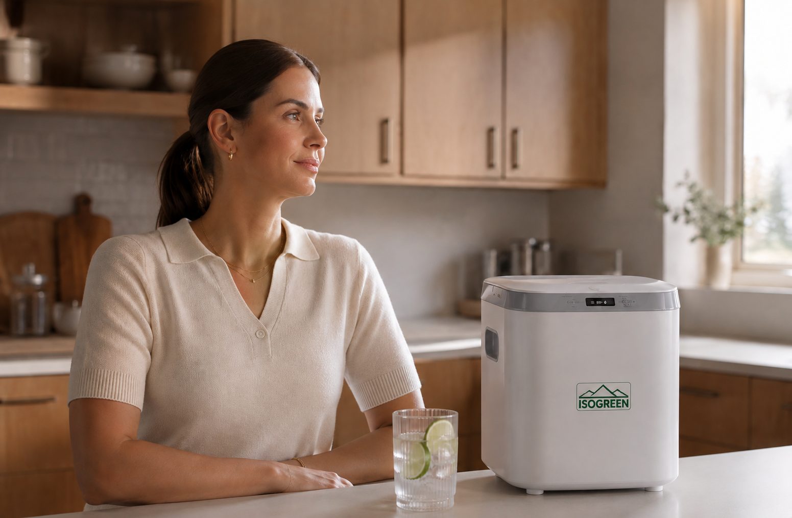 Mulher na cozinha, com a Isogreen Iso Home na bancada