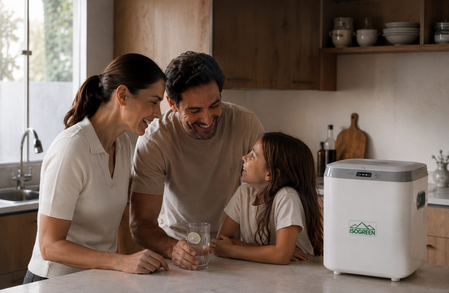 Família reunida na cozinha, ao lado da Isogreen Iso Home