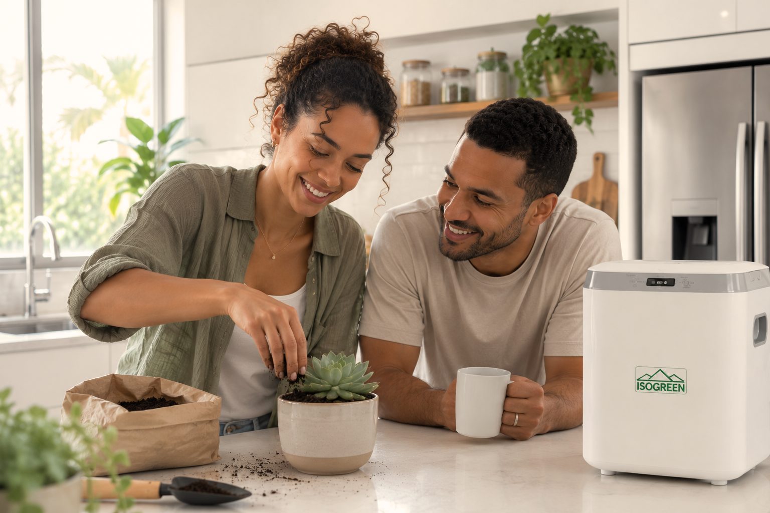 Casal usando o adubo da Isogreen numa suculenta em casa